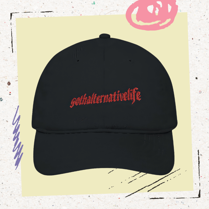Embroidered Black Baseball Cap with GothAlternativeLife Logo USA Made - GothAlternativeLife