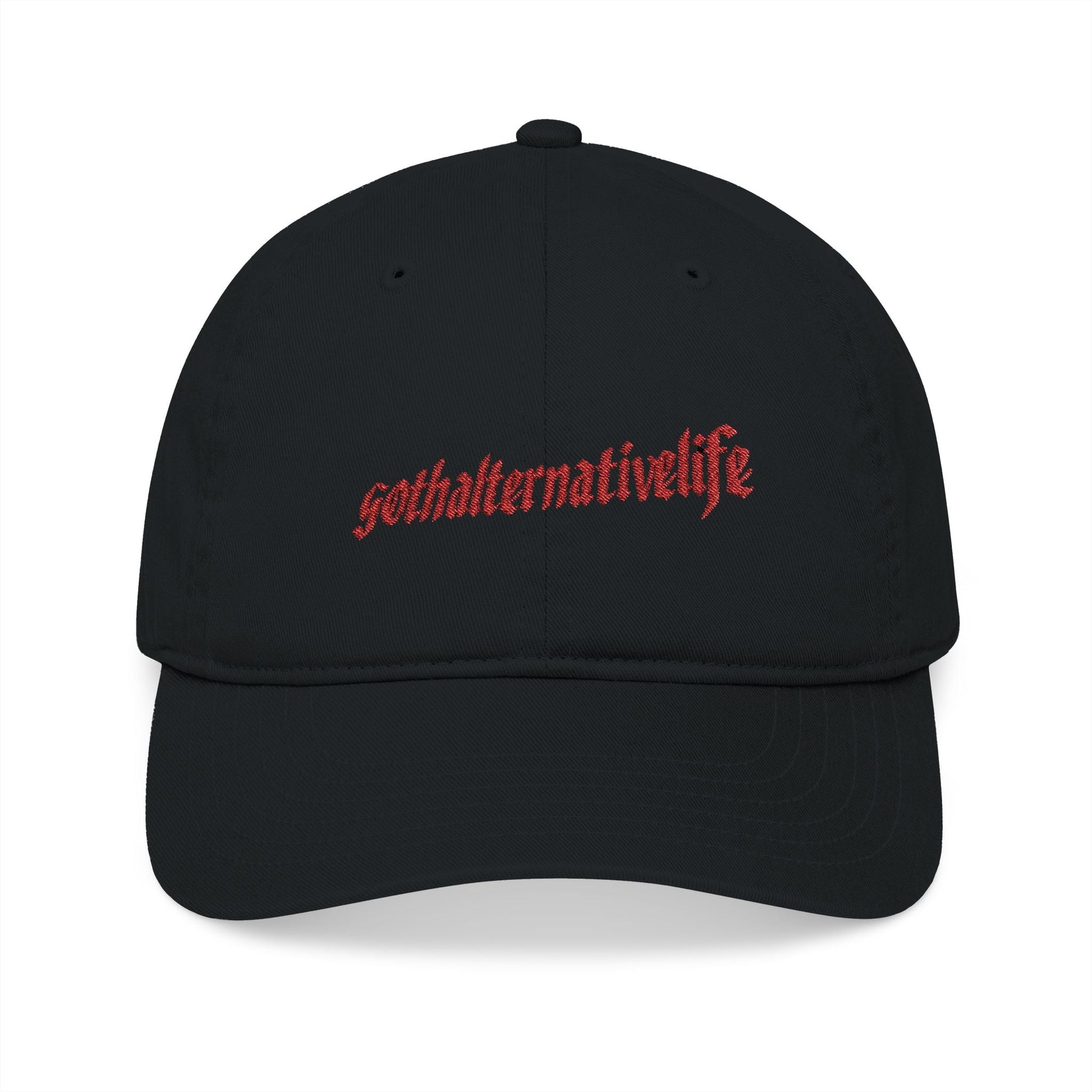 Embroidered Black Baseball Cap with GothAlternativeLife Logo USA Made - GothAlternativeLife